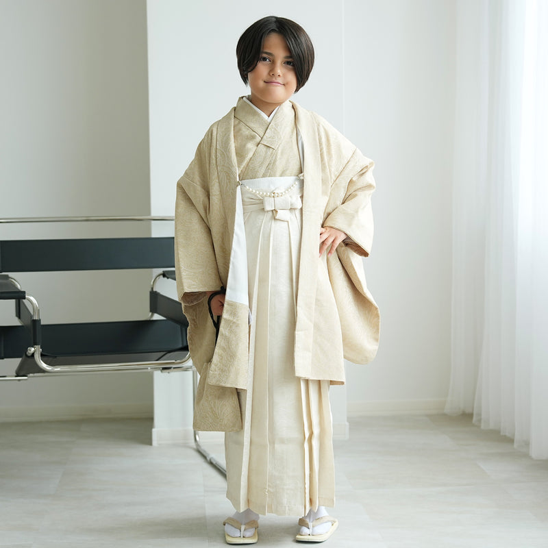 【ハーフ成人式  男の子 袴セット ジャガード・ペイズリー ベージュ×オフホワイト】販売品  10歳 1/2成人式 小学生 キッズ 138cm-150cm前後（6739600300）