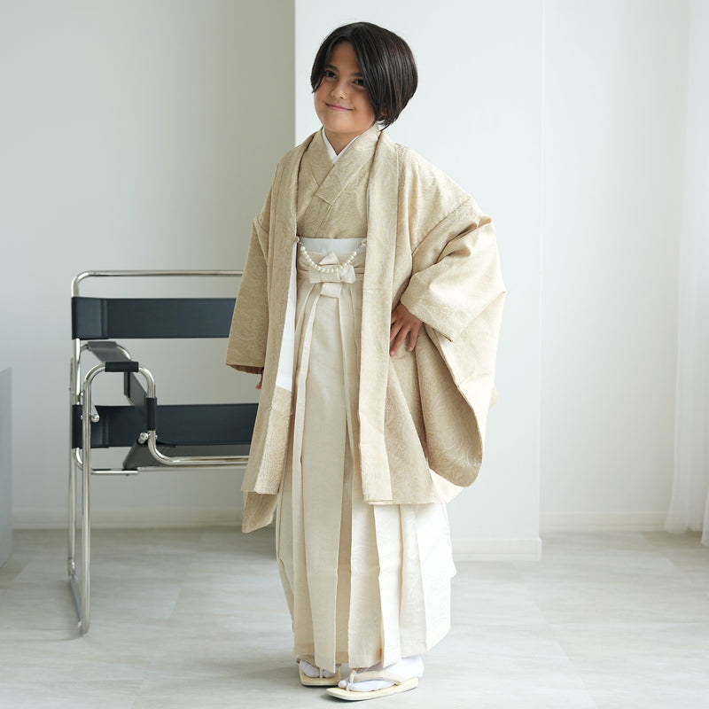【ハーフ成人式  男の子 袴セット ジャガード・ペイズリー ベージュ×オフホワイト】販売品  10歳 1/2成人式 小学生 キッズ 138cm-150cm前後（6739600300）