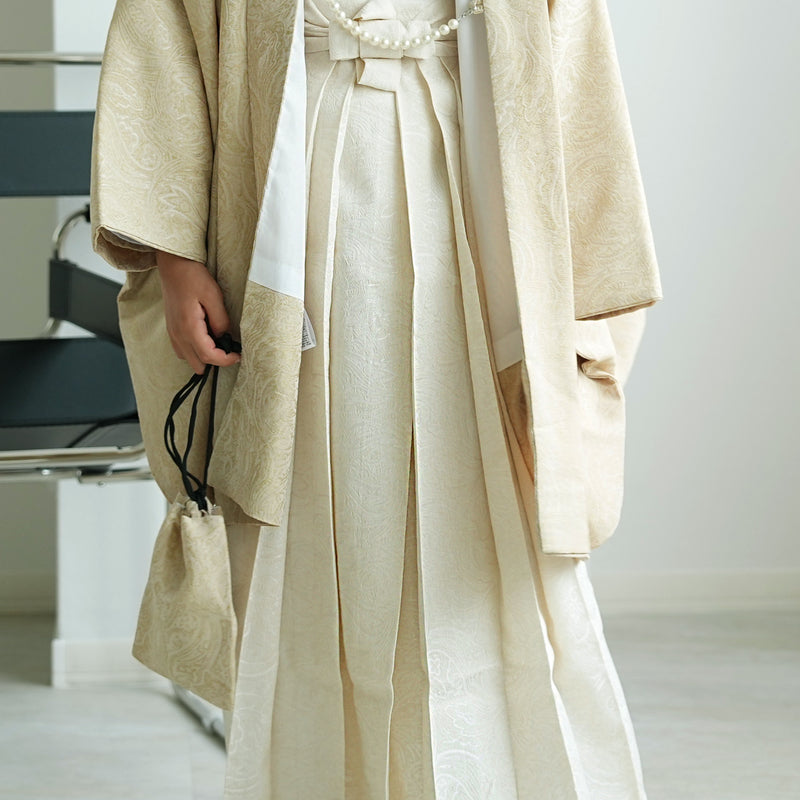 【ハーフ成人式  男の子 袴セット ジャガード・ペイズリー ベージュ×オフホワイト】販売品  10歳 1/2成人式 小学生 キッズ 138cm-150cm前後（6739600300）