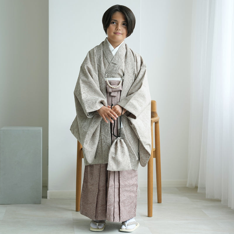 【ハーフ成人式  男の子 袴セット ジャガード・ペイズリー グレージュ×アーモンド】販売品  10歳 1/2成人式 小学生 キッズ 138cm-150cm前後（6739600400）
