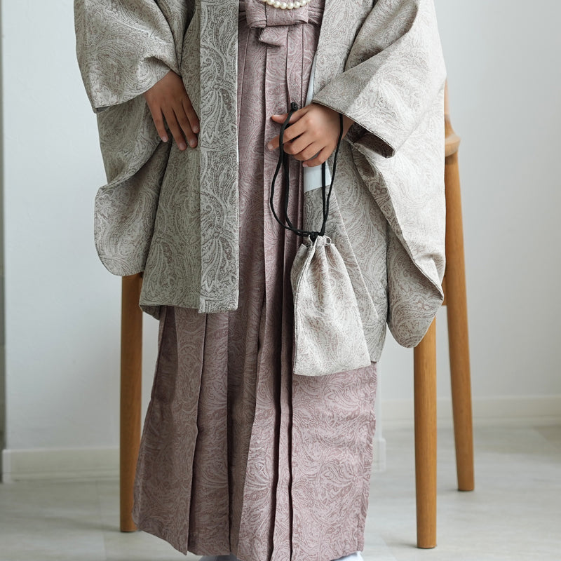 【ハーフ成人式  男の子 袴セット ジャガード・ペイズリー グレージュ×アーモンド】販売品  10歳 1/2成人式 小学生 キッズ 138cm-150cm前後（6739600400）
