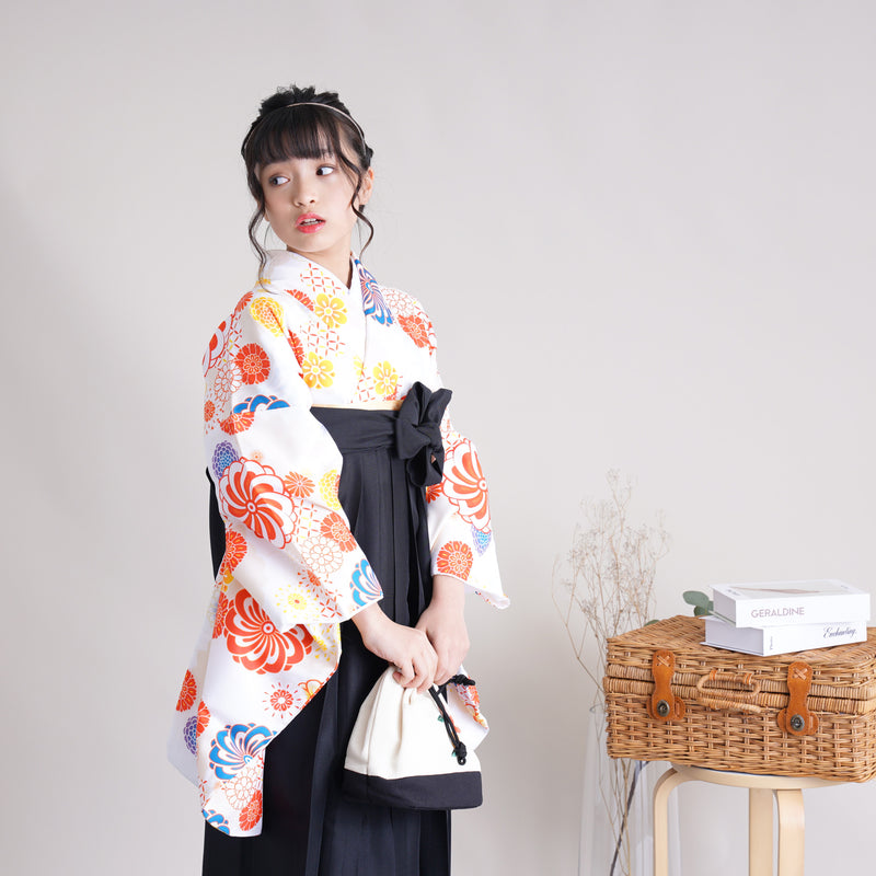 【リサイクル着物】 2尺袖着物 単品  販売品 中古 USED  袴用 短丈 菊 ジュニア 小学生 卒業式 ニコアンティーク（6751611500）【中古販売】
