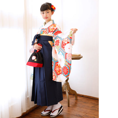 【リサイクル着物】 2尺袖着物 単品  販売品 中古 USED  袴用 短丈 菊 亀甲 ジュニア 小学生 卒業式 （6751628600）【中古販売】