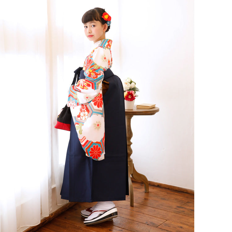 【リサイクル着物】 2尺袖着物 単品  販売品 中古 USED  袴用 短丈 菊 亀甲 ジュニア 小学生 卒業式 （6751628600）【中古販売】