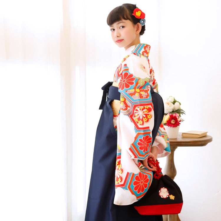 【リサイクル着物】 2尺袖着物 単品  販売品 中古 USED  袴用 短丈 菊 亀甲 ジュニア 小学生 卒業式 （6751628600）【中古販売】