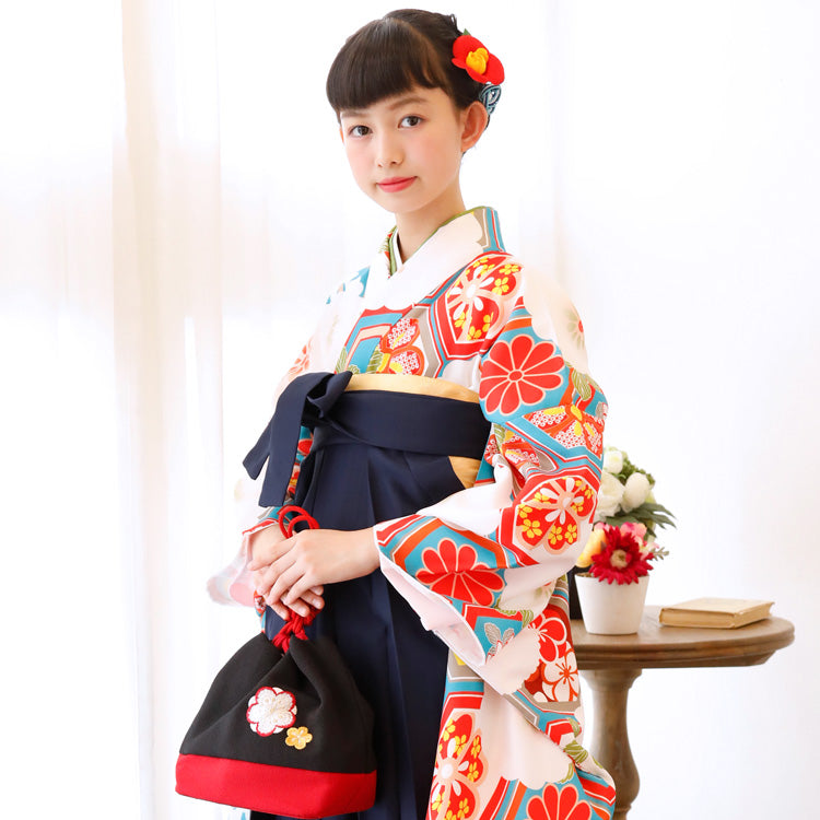 【リサイクル着物】 2尺袖着物 単品  販売品 中古 USED  袴用 短丈 菊 亀甲 ジュニア 小学生 卒業式 （6751628600）【中古販売】