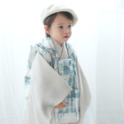 【リサイクル着物】 utatane 七五三 3歳 着物 被布 セット キッズ 男の子 くすみブルー ライトグレー USED （6846600200）
