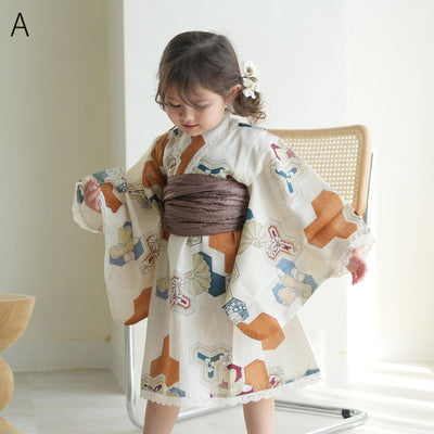子供浴衣ドレス2点セット（浴衣ワンピース/兵児帯） ひよこ商店 キッズ レース付き ゆかた 女の子 90-130cm（身長85cm-135cm）第1会場（7348602201）