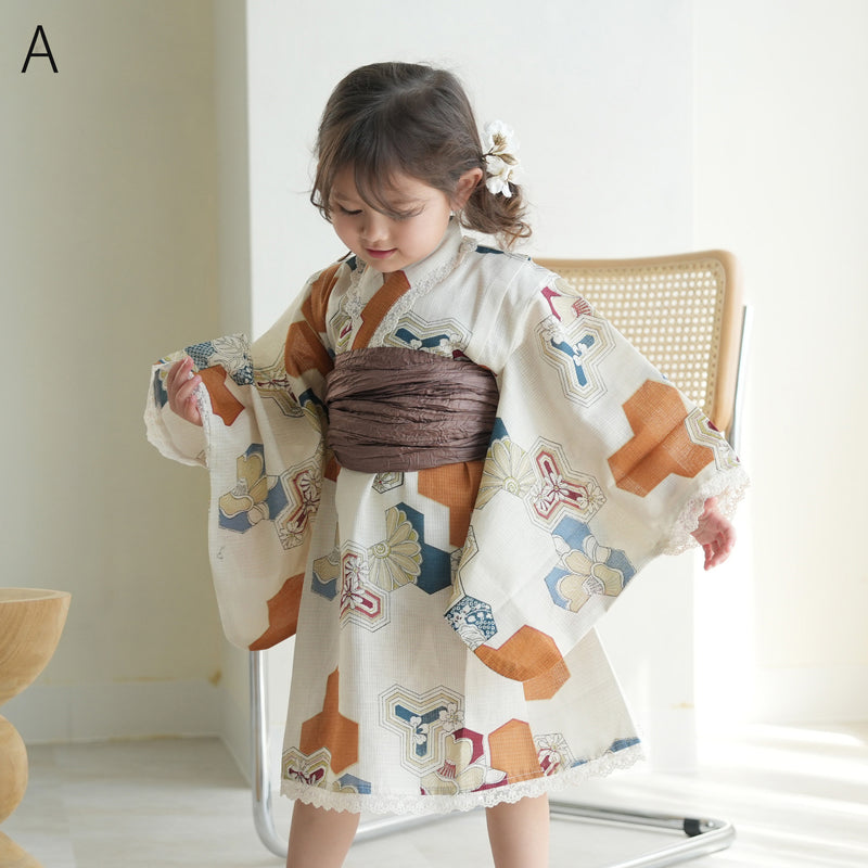 子供浴衣ドレス2点セット（浴衣ワンピース/兵児帯） ひよこ商店 キッズ レース付き ゆかた 女の子 90-130cm（身長85cm-135cm）第1会場（7348602201）