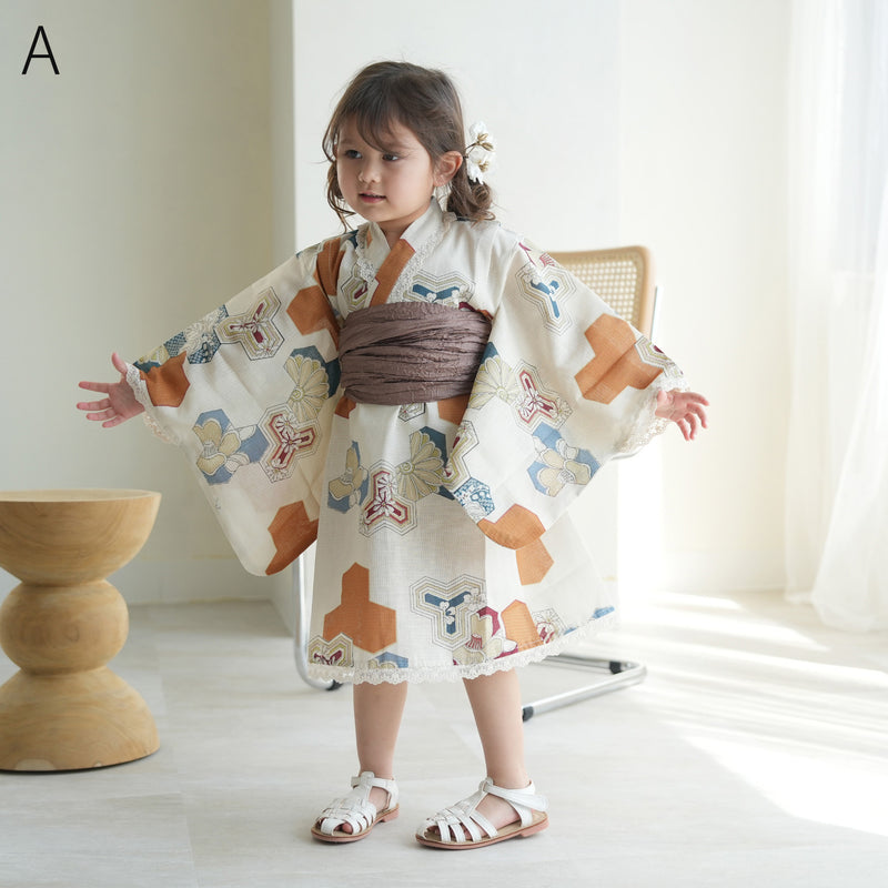 子供浴衣ドレス2点セット（浴衣ワンピース/兵児帯） ひよこ商店 キッズ レース付き ゆかた 女の子 90-130cm（身長85cm-135cm）第1会場（7348602201）