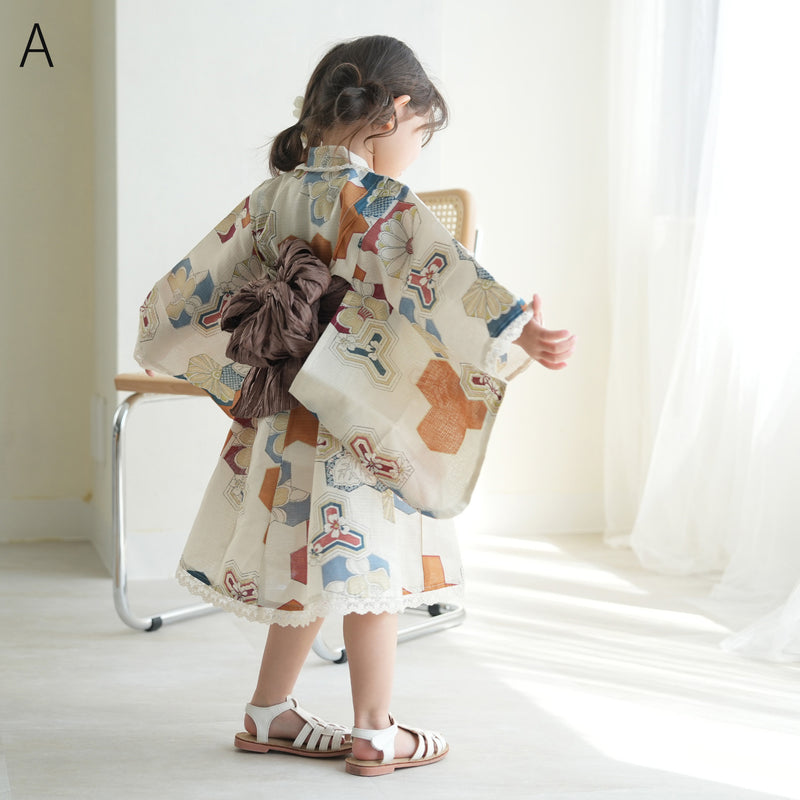子供浴衣ドレス2点セット（浴衣ワンピース/兵児帯） ひよこ商店 キッズ レース付き ゆかた 女の子 90-130cm（身長85cm-135cm）第1会場（7348602201）