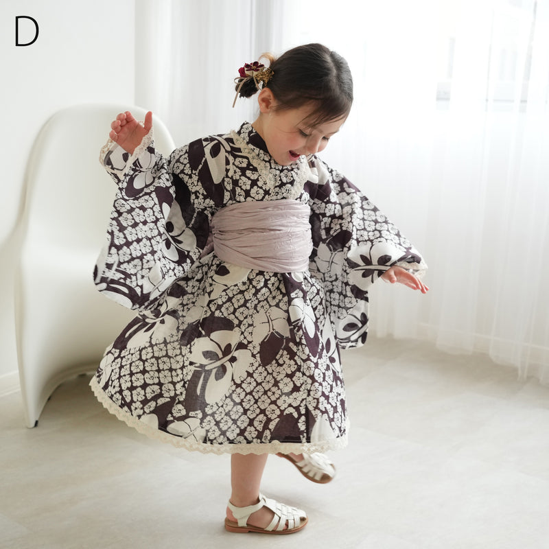 子供浴衣ドレス2点セット（浴衣ワンピース/兵児帯） ひよこ商店 キッズ レース付き ゆかた 女の子 90-130cm（身長85cm-135cm）第2会場（7348602301）