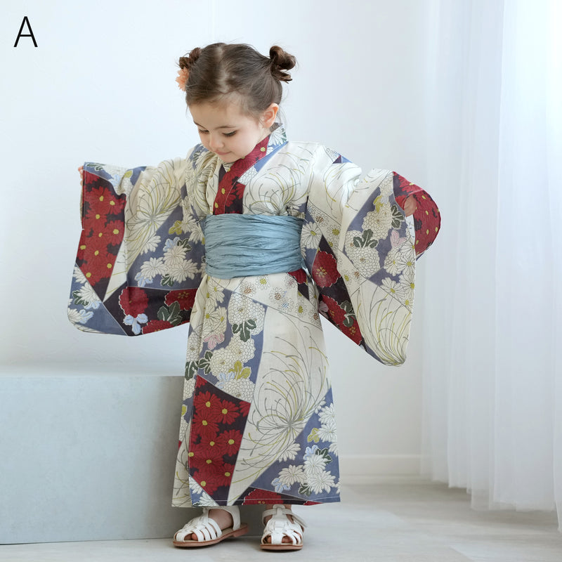 【ひよこ商店 ワンピース型 子供浴衣 2点セット（浴衣ワンピース・兵児帯） 】高級変わり織 キッズ 男女兼用 90-130cm（7348603101）