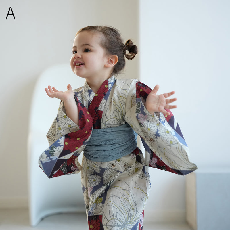 【ひよこ商店 ワンピース型 子供浴衣 2点セット（浴衣ワンピース・兵児帯） 】高級変わり織 キッズ 男女兼用 90-130cm（7348603101）