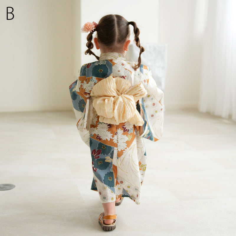 【ひよこ商店 ワンピース型 子供浴衣 2点セット（浴衣ワンピース・兵児帯） 】高級変わり織 キッズ 男女兼用 90-130cm（7348603101）