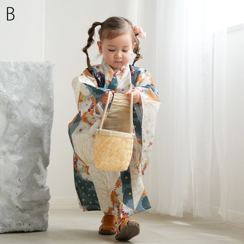 【ひよこ商店 ワンピース型 子供浴衣 2点セット（浴衣ワンピース・兵児帯） 】高級変わり織 キッズ 男女兼用 90-130cm（7348603101）