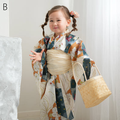 【ひよこ商店 ワンピース型 子供浴衣 2点セット（浴衣ワンピース・兵児帯） 】高級変わり織 キッズ 男女兼用 90-130cm（7348603101）