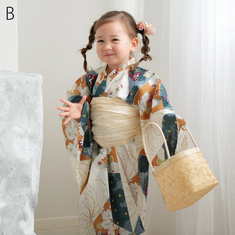 【ひよこ商店 ワンピース型 子供浴衣 2点セット（浴衣ワンピース・兵児帯） 】高級変わり織 キッズ 男女兼用 90-130cm（7348603101）