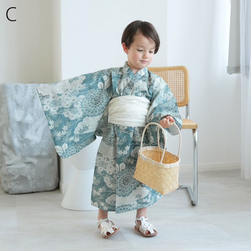 【ひよこ商店 ワンピース型 子供浴衣 2点セット（浴衣ワンピース・兵児帯） 】高級変わり織 キッズ 男女兼用 90-130cm（7348603201）