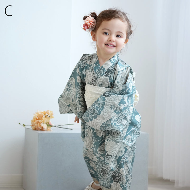 【ひよこ商店 ワンピース型 子供浴衣 2点セット（浴衣ワンピース・兵児帯） 】高級変わり織 キッズ 男女兼用 90-130cm（7348603201）