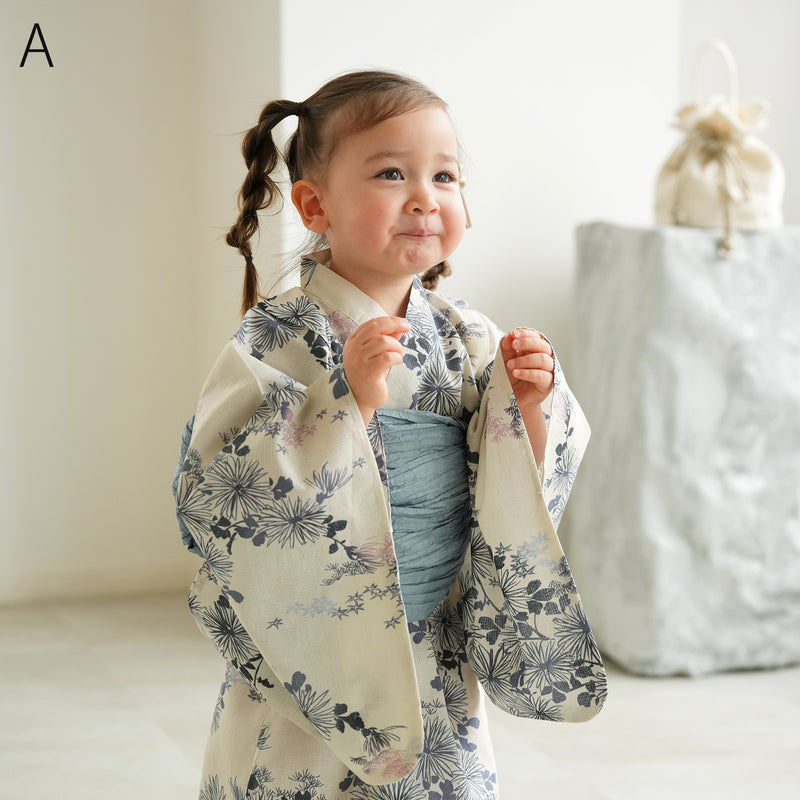 【ひよこ商店 ワンピース型 子供浴衣 2点セット（浴衣ワンピース・兵児帯） 】高級変わり織 キッズ 男女兼用 90-130cm（7348603201）