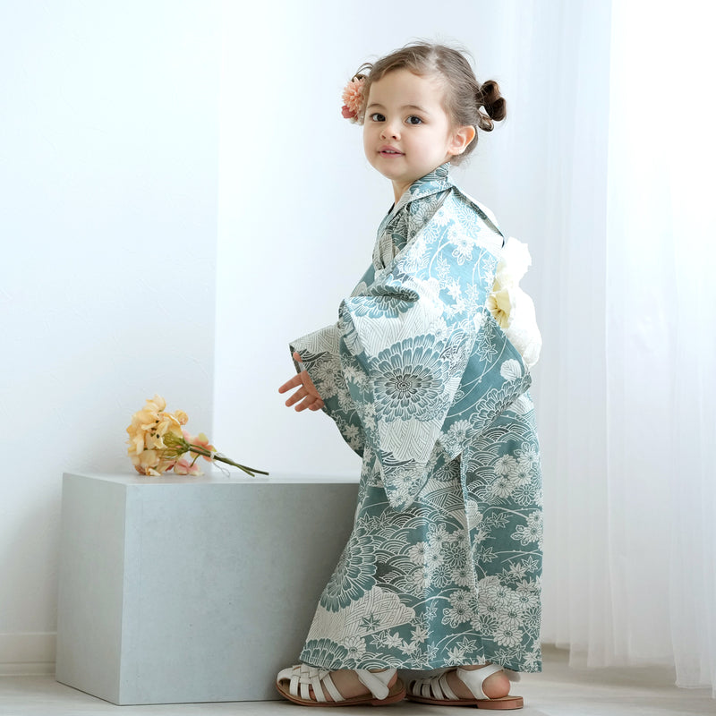 【ひよこ商店 ワンピース型 子供浴衣 2点セット（浴衣ワンピース・兵児帯） 】高級変わり織 キッズ 男女兼用 90-130cm（7348603201）