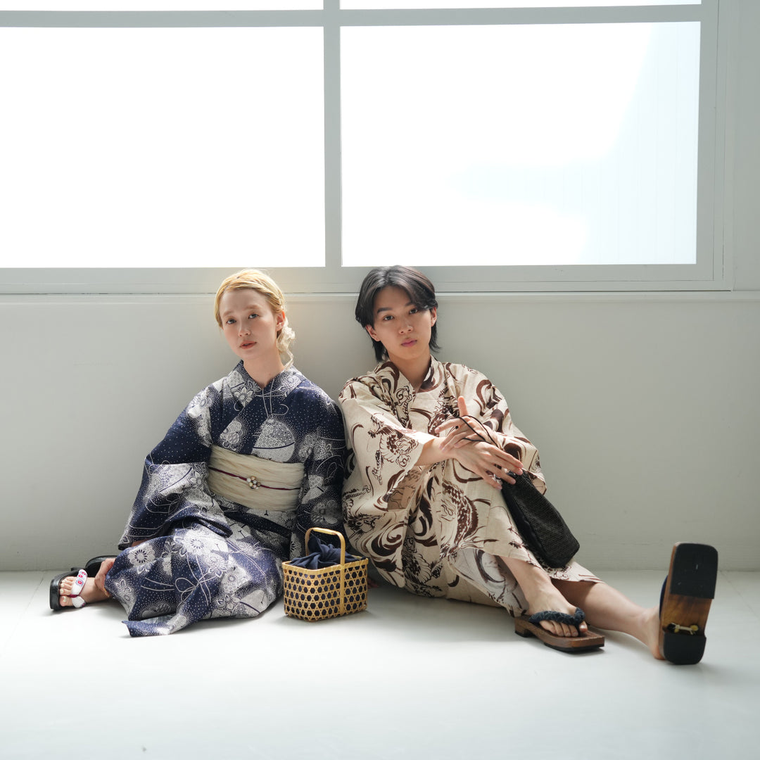 浴衣3点セット ニコアンティークオリジナル 国内染色 砂色にぼかし焦げ茶の龍 utatane｜ニコアンティーク 高級変わり織 浴衣3点セット 砂色に