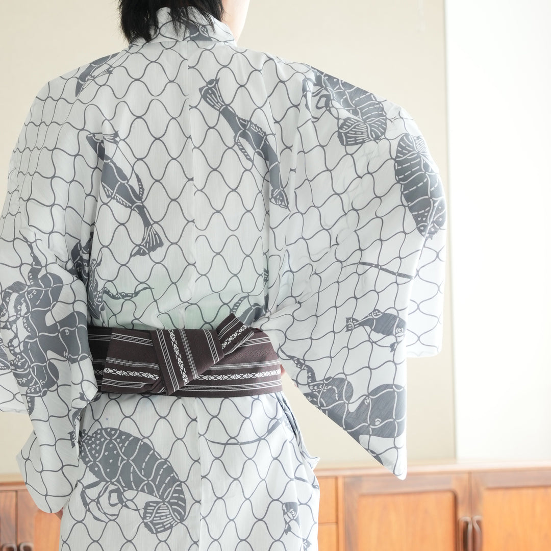 特価！メンズ注染浴衣反物「グレー茶と濃紺黒の縦取り変わり格子