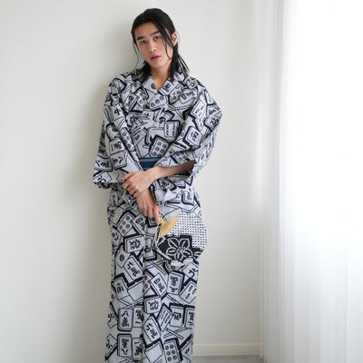 【utatane×注染工房 日本製小幅生地使用 メンズ浴衣3点セット ( ゆかた・帯・下駄 )  刺し子の麻雀牌】 奈良の職人さんの手染め キシダイキ (@daiki_kishi_) さん着用！（7361724601）