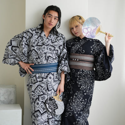 【utatane×注染工房 日本製小幅生地使用 メンズ浴衣3点セット ( ゆかた・帯・下駄 )  刺し子の麻雀牌】 奈良の職人さんの手染め キシダイキ (@daiki_kishi_) さん着用！（7361724601）