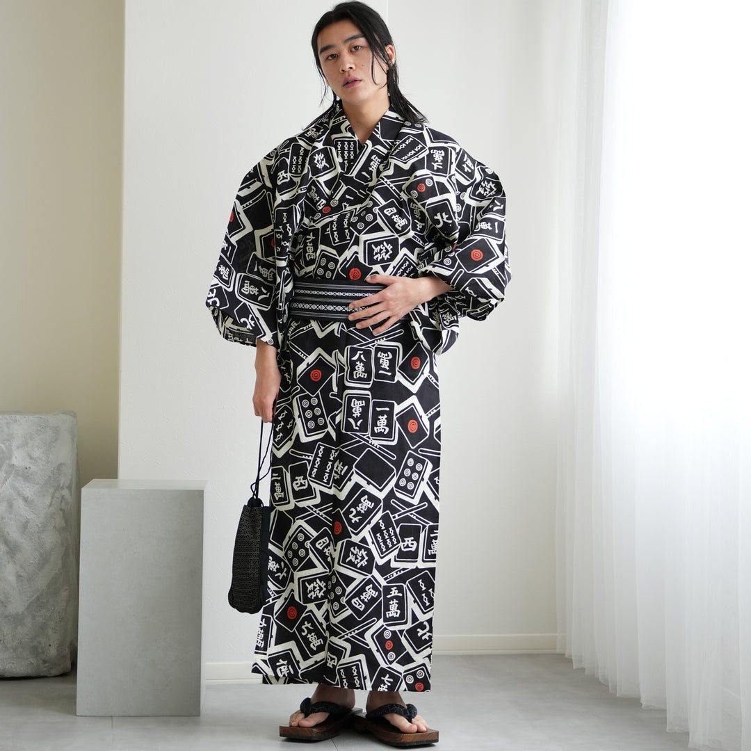 ᶦᵛᵒʳʸです！ゆかた 浴衣 ホワイト✖ブラック Mサイズ 白 黒 M utatane×注染工房 日本製小幅生地使用 メンズ浴衣3点セット ( ゆかた
