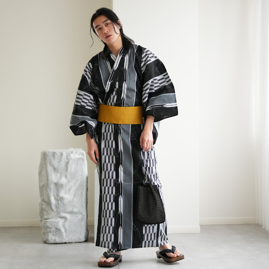 高級変わり織 メンズ浴衣3点セット ( ゆかた・帯・下駄 ) 墨黒の雪輪