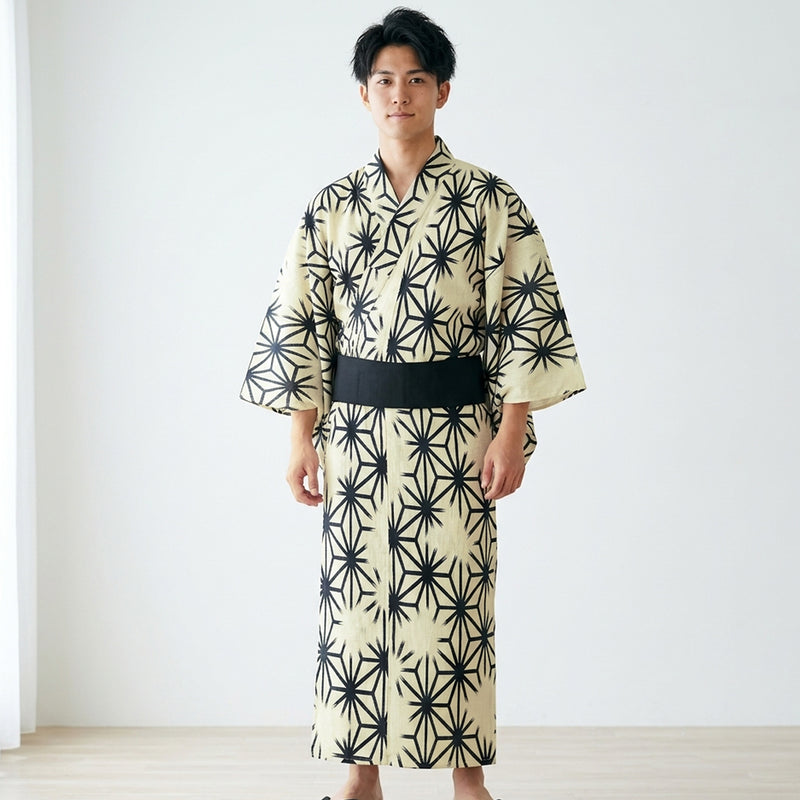メンズ浴衣3点セット ( ゆかた・帯・下駄 ) アイボリーに黒の麻の葉