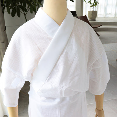 【長襦袢 M・L】肌着 襦袢 日本製 着付け小物 うそつき長襦袢 替え袖は別売り 絽 半襟付 3段ゴムボタン 背面ゴム付 格子クレープ 綿麻【取り寄せ品】（7734601201）