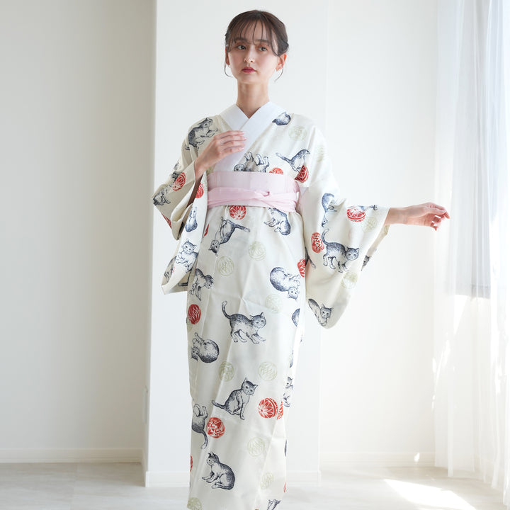 専用です☆大正浪漫アンティーク白系の着物にだらりの帯セット☆七五三ハーフ成人式 長襦袢 ニコアンティーク 大正浪漫長襦袢 猫と鞠 バニラ 半衿＆衣紋