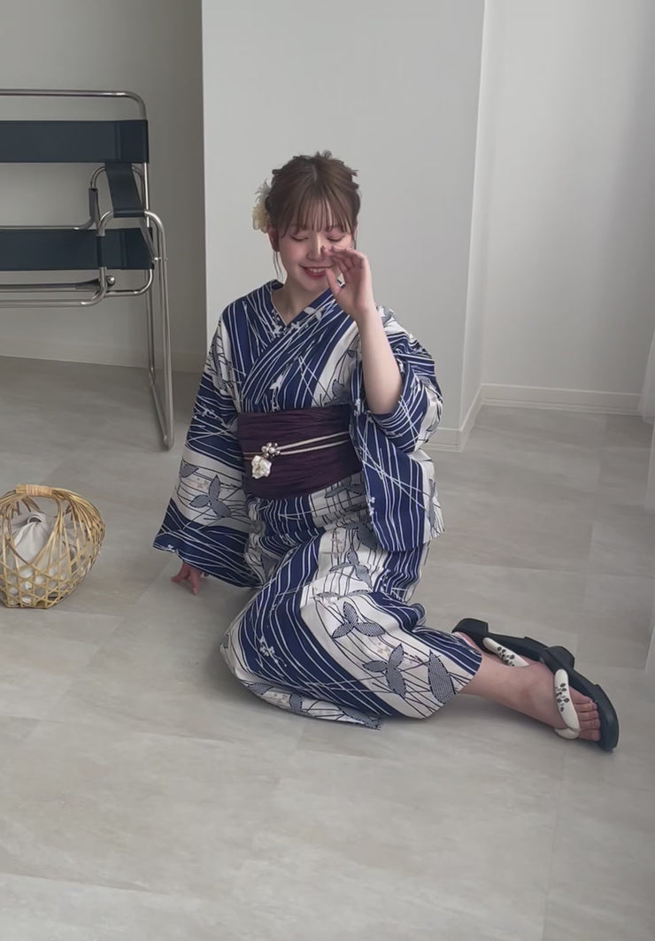 高級変わり織 浴衣3点セット ( ゆかた・帯・下駄 ) 紺地の縞古典