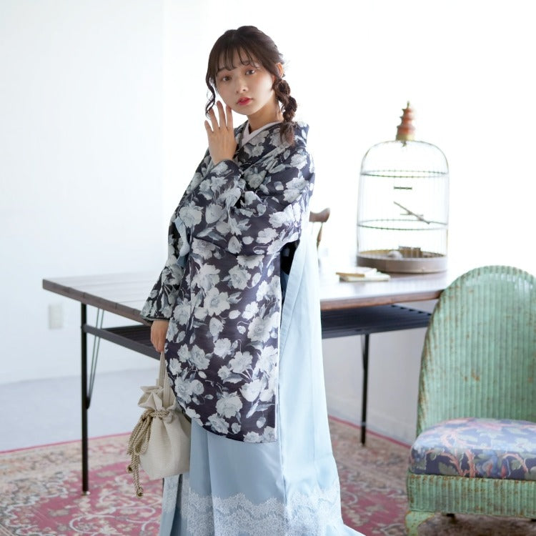 商品コード：1020698411 / 【レンタル品】かぷり 2尺袖 袴 17点セット 91cm レース 華やか 可愛い系 花 黒系（1枚目画像）