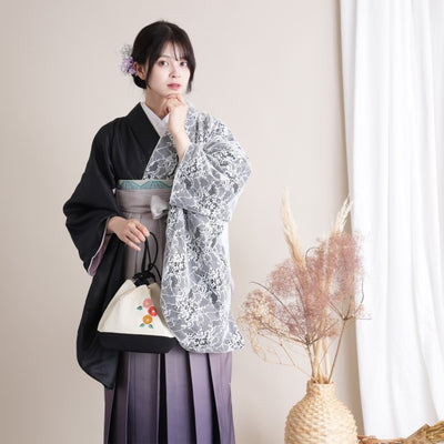 商品コード：1020699711 / 【レンタル品】かぷり 2尺袖 袴 17点セット 91cm レース 華やか 可愛い系 無地 黒系（1枚目画像）